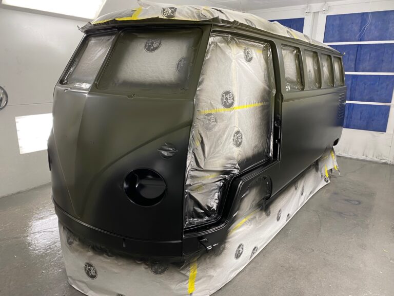 1962 15 window deluxe vw bus base and clear coats of paint silver lining auto restoration oregon