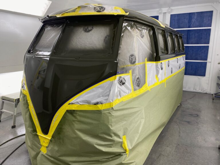 1962 15 window deluxe vw bus base and clear coats of paint silver lining auto restoration oregon