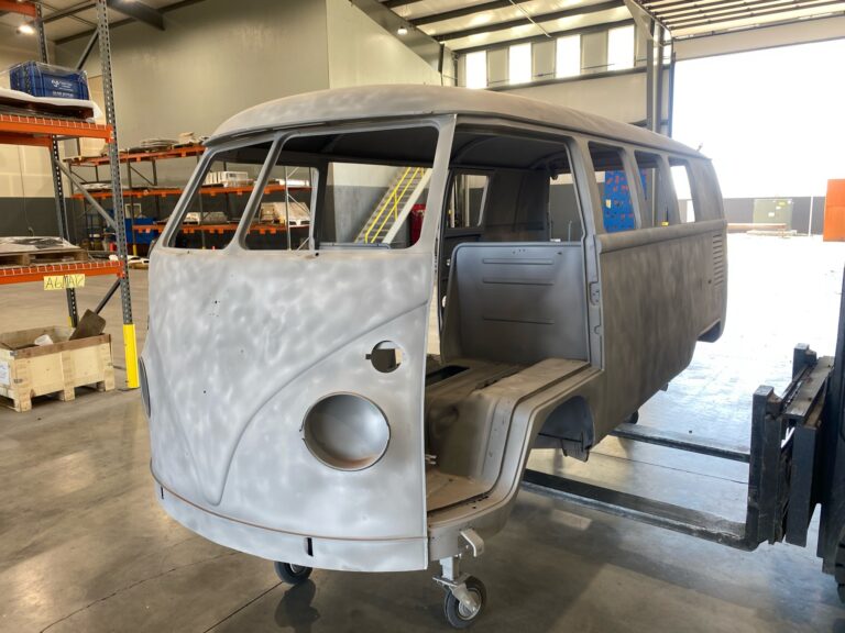 1966 vw microbus arrival and post media blast silver lining auto restoration