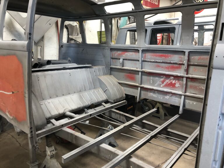 1963 23 window deluxe vw bus sub frame and metal repair silver lining auto restoration