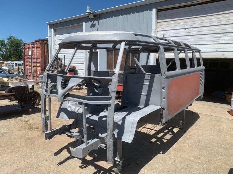 1963 23 window deluxe vw bus post media blast silver lining auto restoration