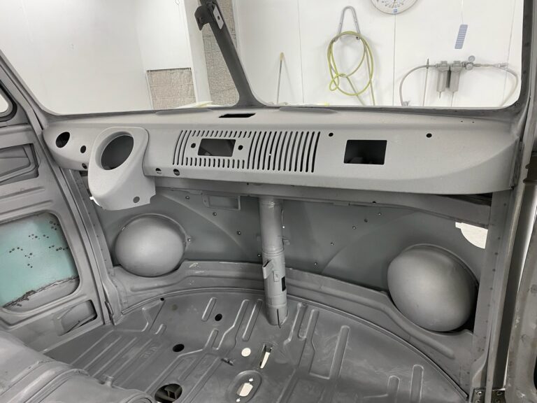 1963 23 window deluxe vw bus in bare metal after metal work silver lining auto restoration
