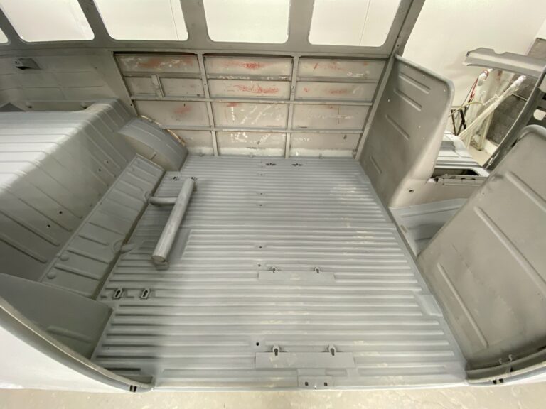 1963 23 window deluxe vw bus in bare metal after metal work silver lining auto restoration