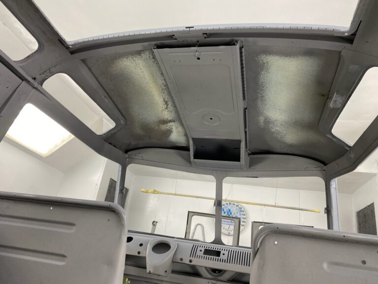 1963 23 window deluxe vw bus in bare metal after metal work silver lining auto restoration