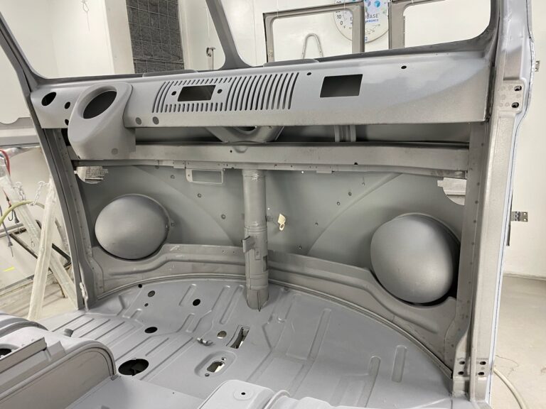1963 23 window deluxe vw bus in bare metal after metal work silver lining auto restoration