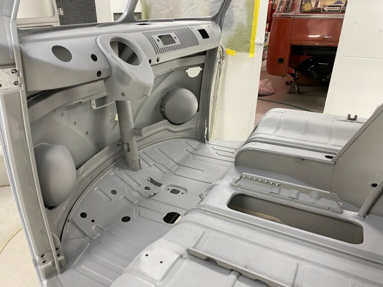 1963 23 window deluxe vw bus in bare metal after metal work silver lining auto restoration