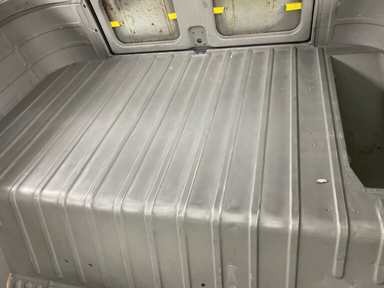 1963 23 window deluxe vw bus in bare metal after metal work silver lining auto restoration