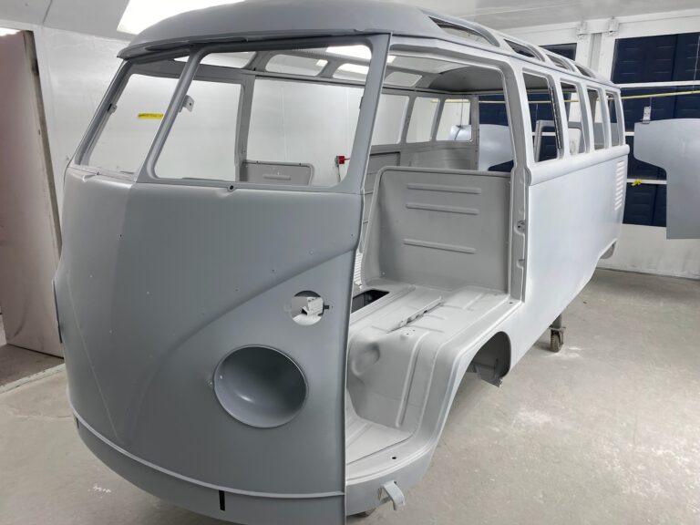 1963 23 window deluxe vw bus body in epoxy silver lining auto restoration