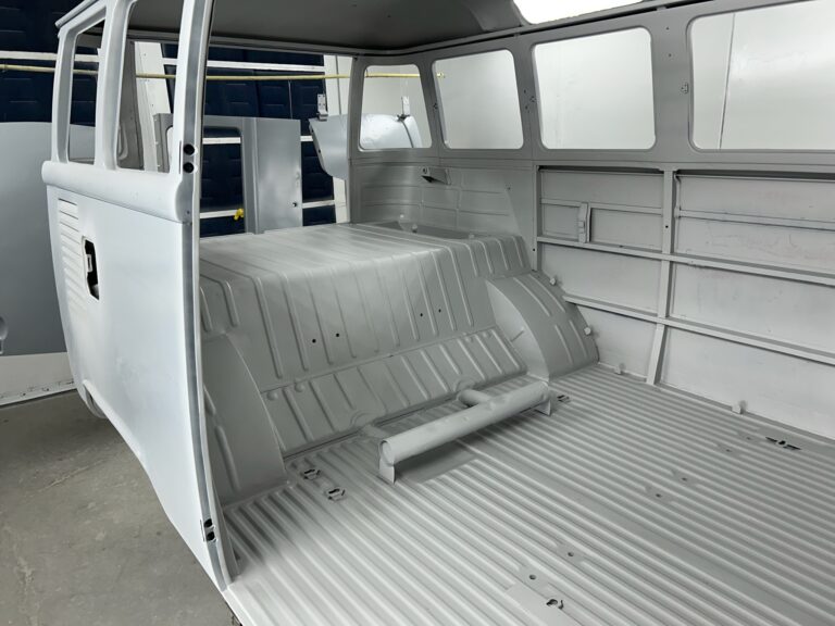 1963 23 window deluxe vw bus body in epoxy silver lining auto restoration