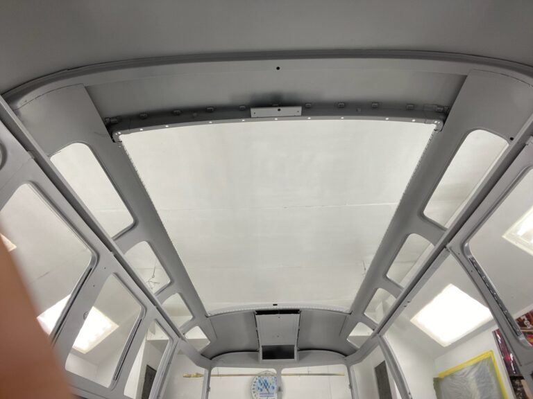 1963 23 window deluxe vw bus body in epoxy silver lining auto restoration