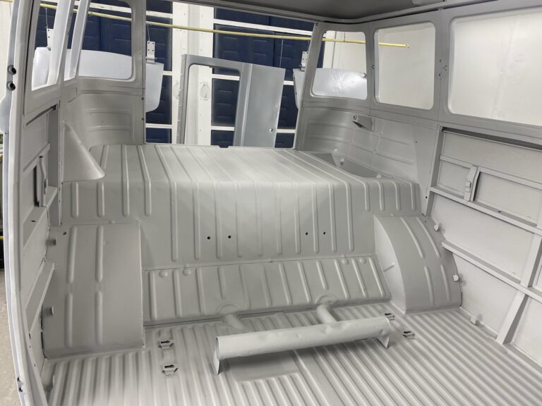 1963 23 window deluxe vw bus body in epoxy silver lining auto restoration