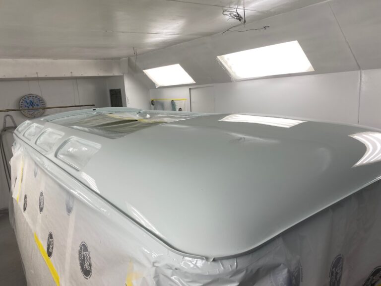 1963 23 window deluxe vw bus roof in paint silver lining auto restoration oregon