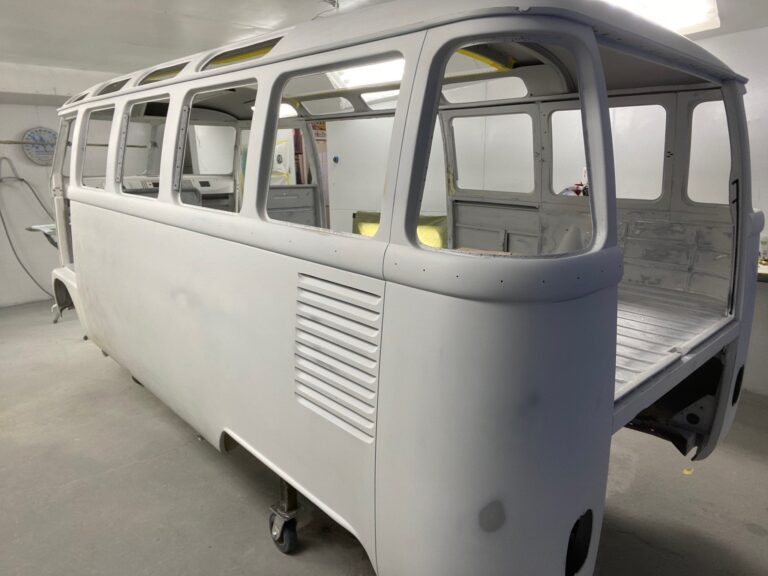 1963 23 window deluxe vw bus roof in paint silver lining auto restoration oregon
