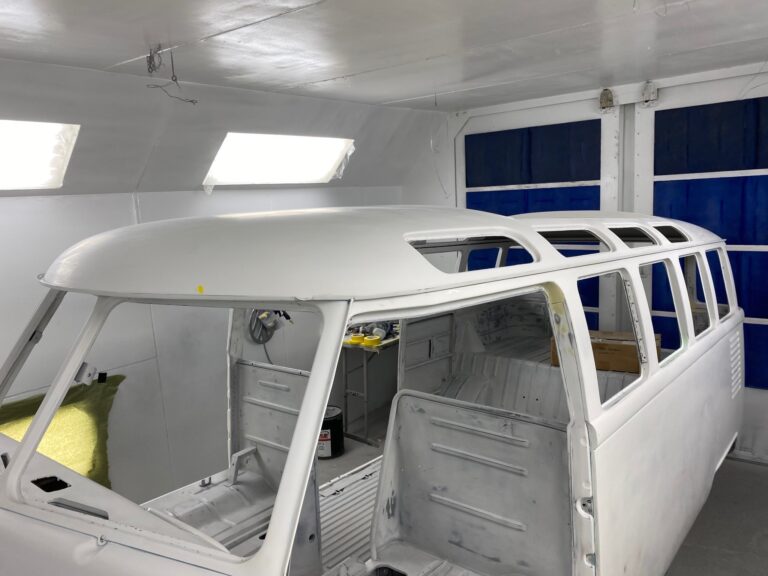 1963 23 window deluxe vw bus roof in paint silver lining auto restoration oregon