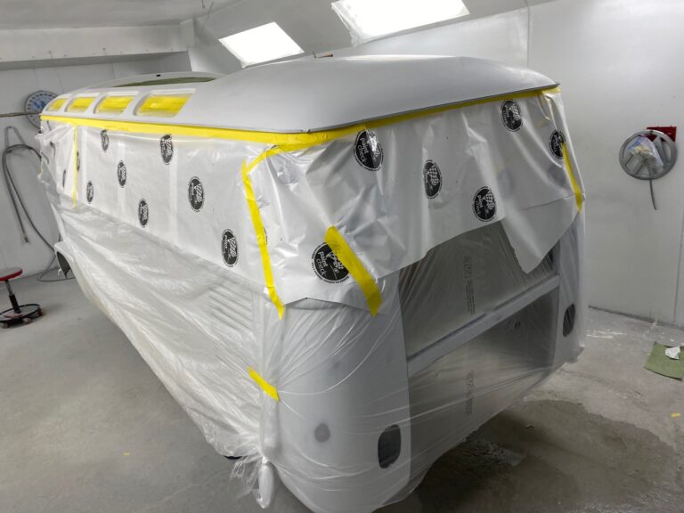 1963 23 window deluxe vw bus roof in paint silver lining auto restoration oregon