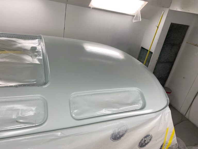 1963 23 window deluxe vw bus roof in paint silver lining auto restoration oregon