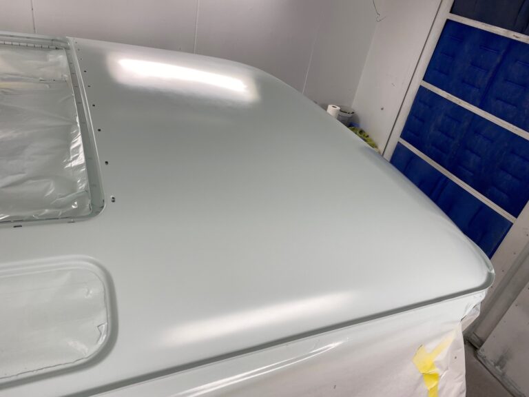 1963 23 window deluxe vw bus roof in paint silver lining auto restoration oregon