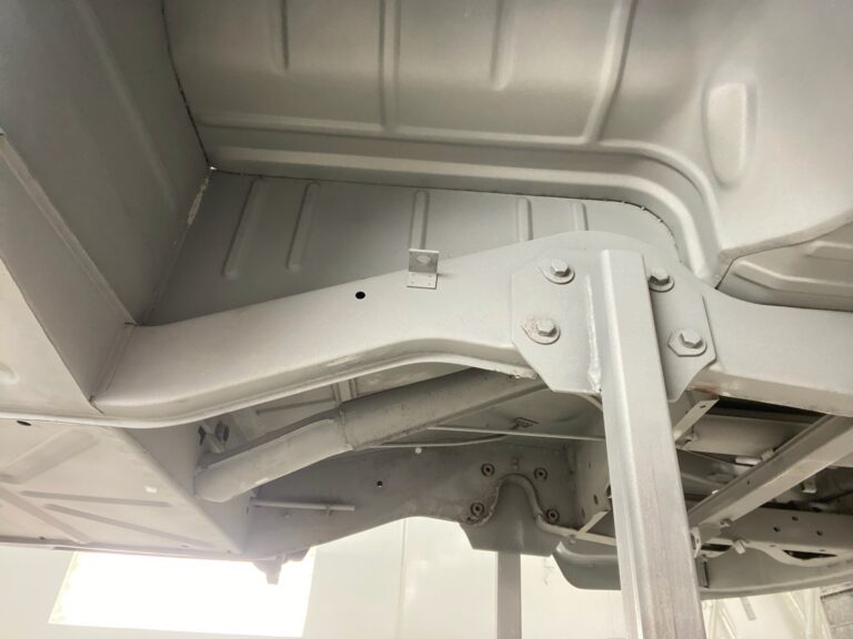 1963 23 window deluxe vw bus under body in bare metal silver lining auto restoration