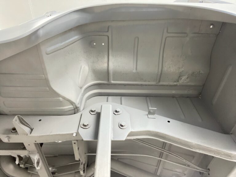 1963 23 window deluxe vw bus under body in bare metal silver lining auto restoration