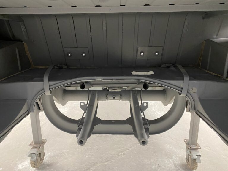 1963 23 window deluxe vw bus under body in bare metal silver lining auto restoration