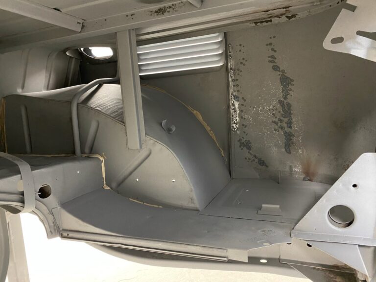 1963 23 window deluxe vw bus under body in bare metal silver lining auto restoration