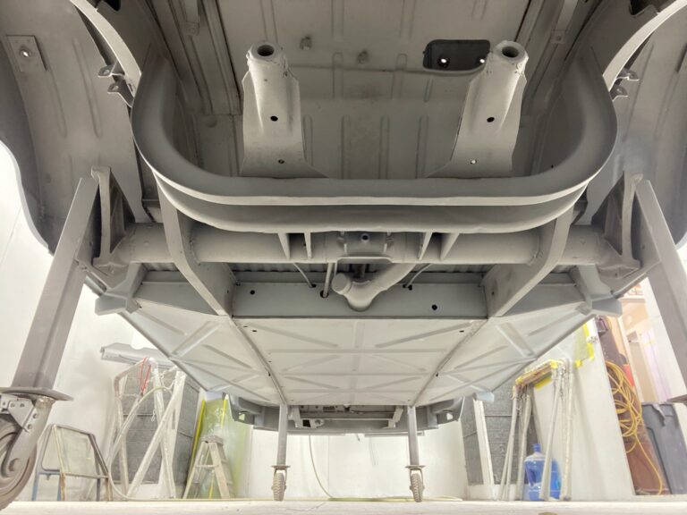 1963 23 window deluxe vw bus under body in bare metal silver lining auto restoration