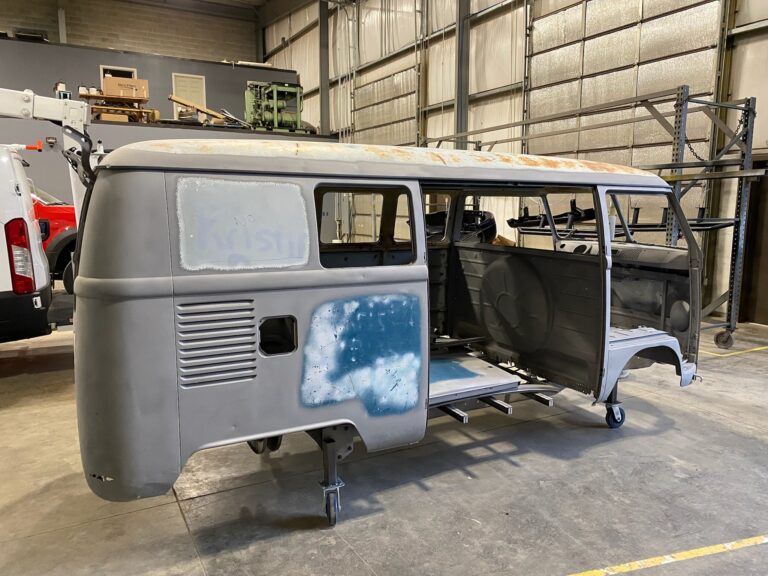 1966 vw microbus arrival and shop and post media blast silver lining auto restoration