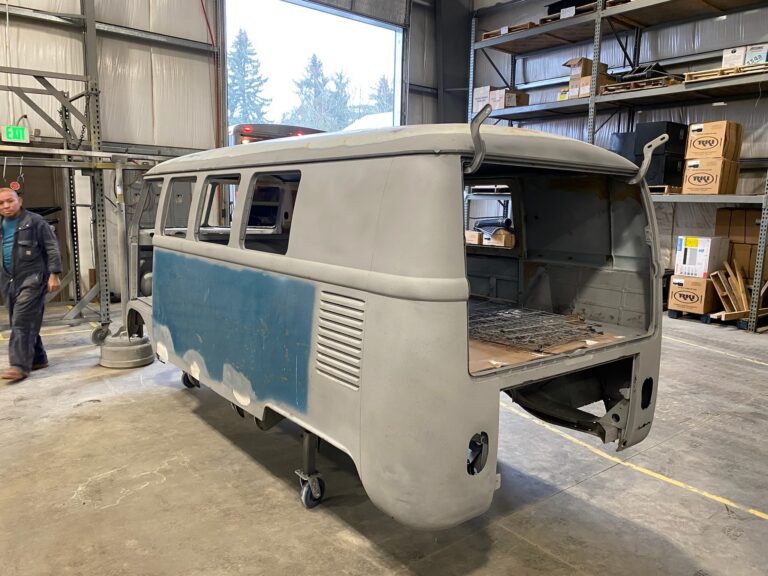 1966 vw microbus arrival and shop and post media blast silver lining auto restoration