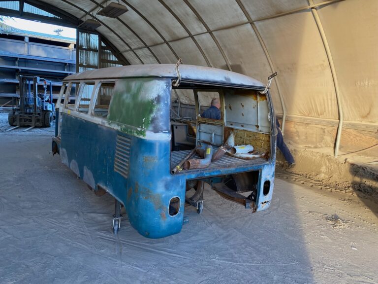 1966 vw microbus arrival and shop and post media blast silver lining auto restoration