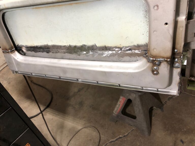 1965 21 window deluxe vw bus cargo door rust repair silver lining auto restoration oregon