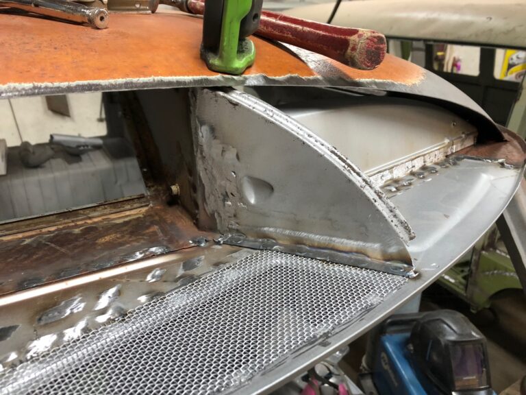 1965 21 window deluxe vw bus roof and fresh air intake repair silver lining auto restoration oregon
