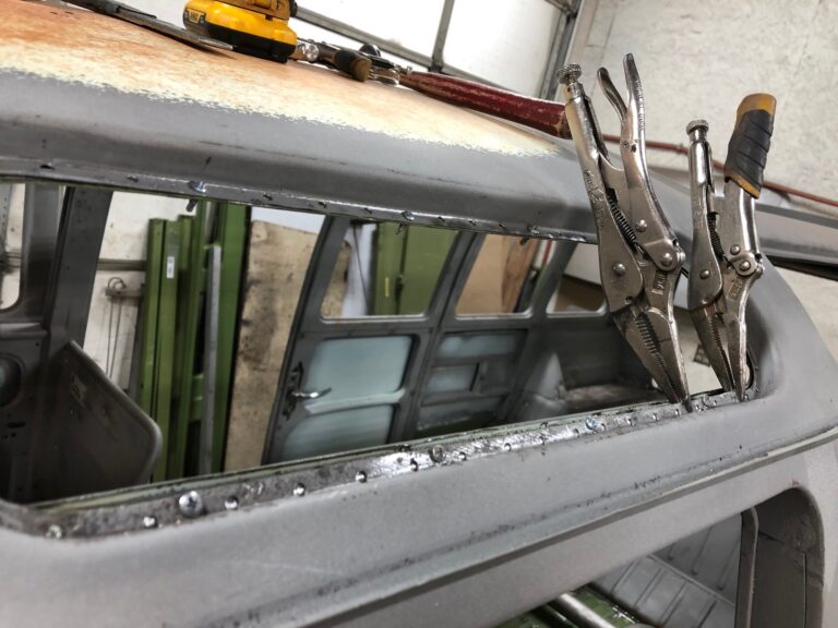 1965 21 window deluxe vw bus skylight window rust repair silver lining auto restoration oregon