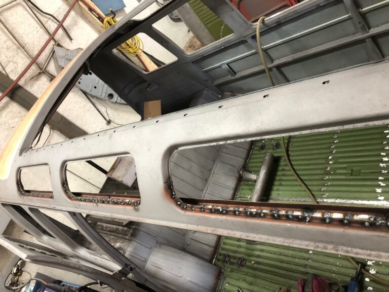 1965 21 window deluxe vw bus skylight window rust repair silver lining auto restoration oregon