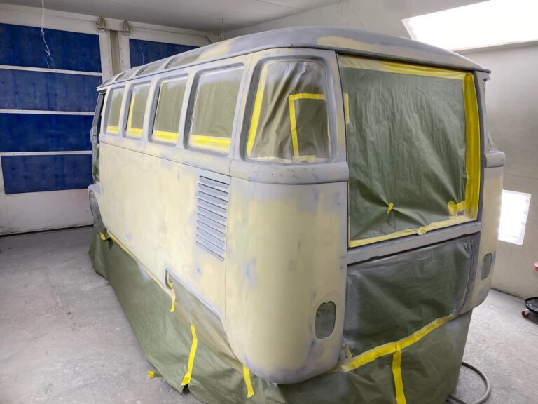 1963 23 window mouse grey deluxe bus body work into primer silver lining auto restoration oregon