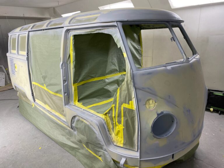 1963 23 window mouse grey deluxe bus body work into primer silver lining auto restoration oregon