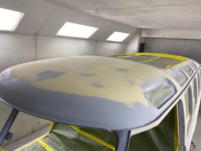 1963 23 window mouse grey deluxe bus body work into primer silver lining auto restoration oregon