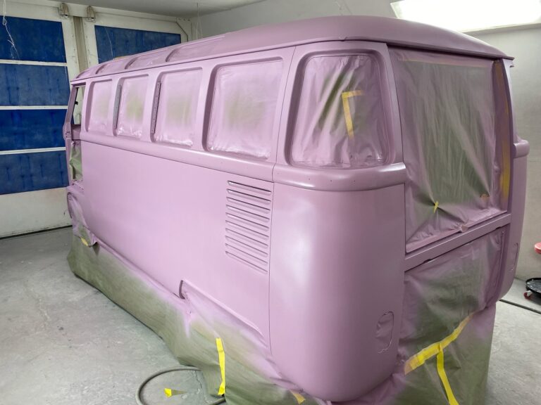 1963 23 window mouse grey deluxe bus body work into primer silver lining auto restoration oregon