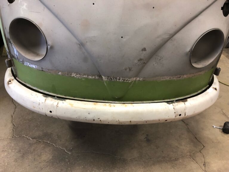 1963 23 window deluxe mouse grey bus bumper repair and fitment silver lining auto restoration oregon