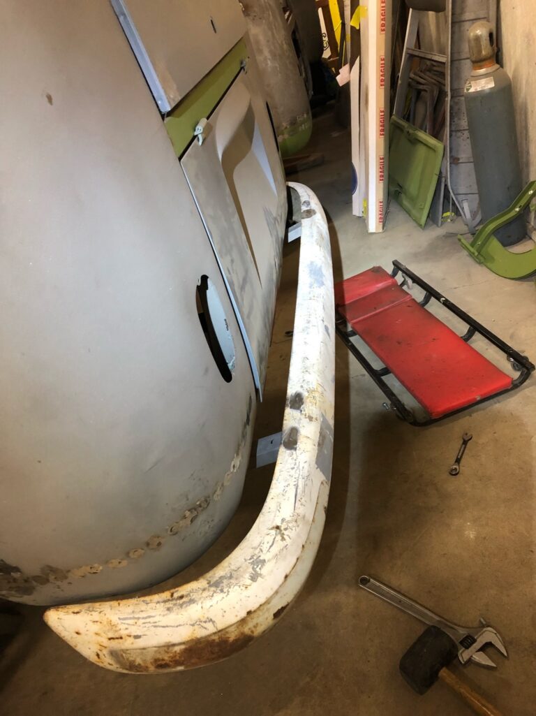 1963 23 window deluxe mouse grey bus bumper repair and fitment silver lining auto restoration oregon