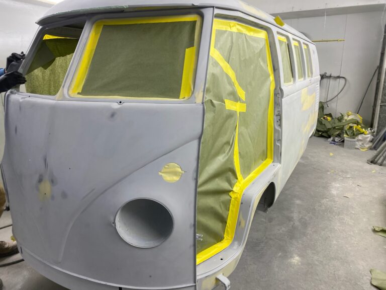 1966 microbus vw bus block sanding into primer silver lining auto restoration oregon