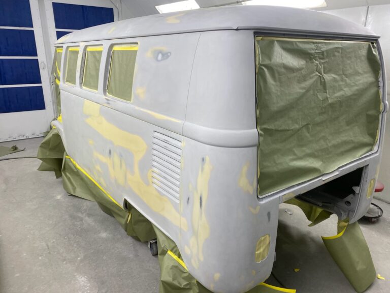 1966 microbus vw bus block sanding into primer silver lining auto restoration oregon
