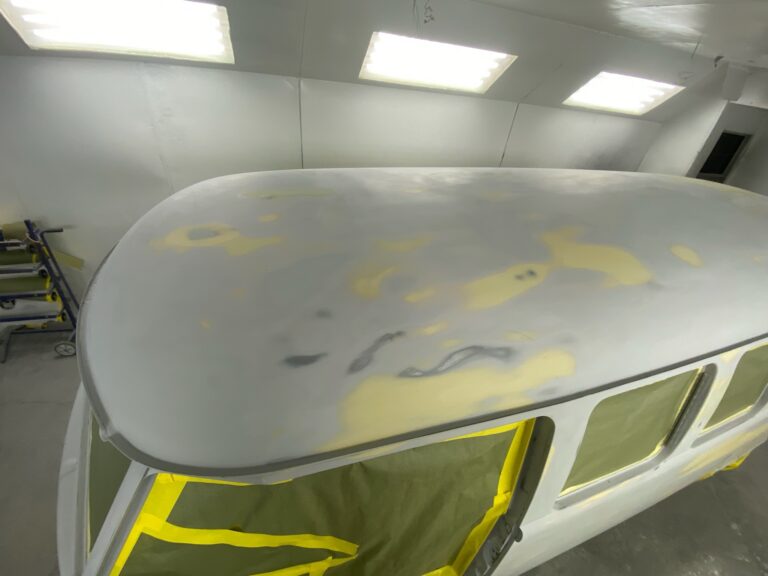 1966 microbus vw bus block sanding into primer silver lining auto restoration oregon