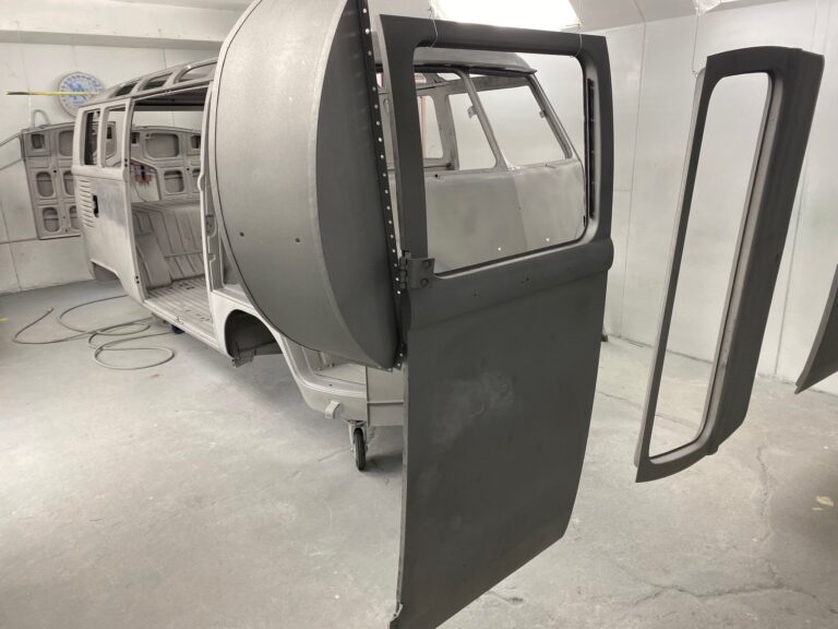 1965 21 window deluxe vw bus media blast into primer silver lining auto restoration